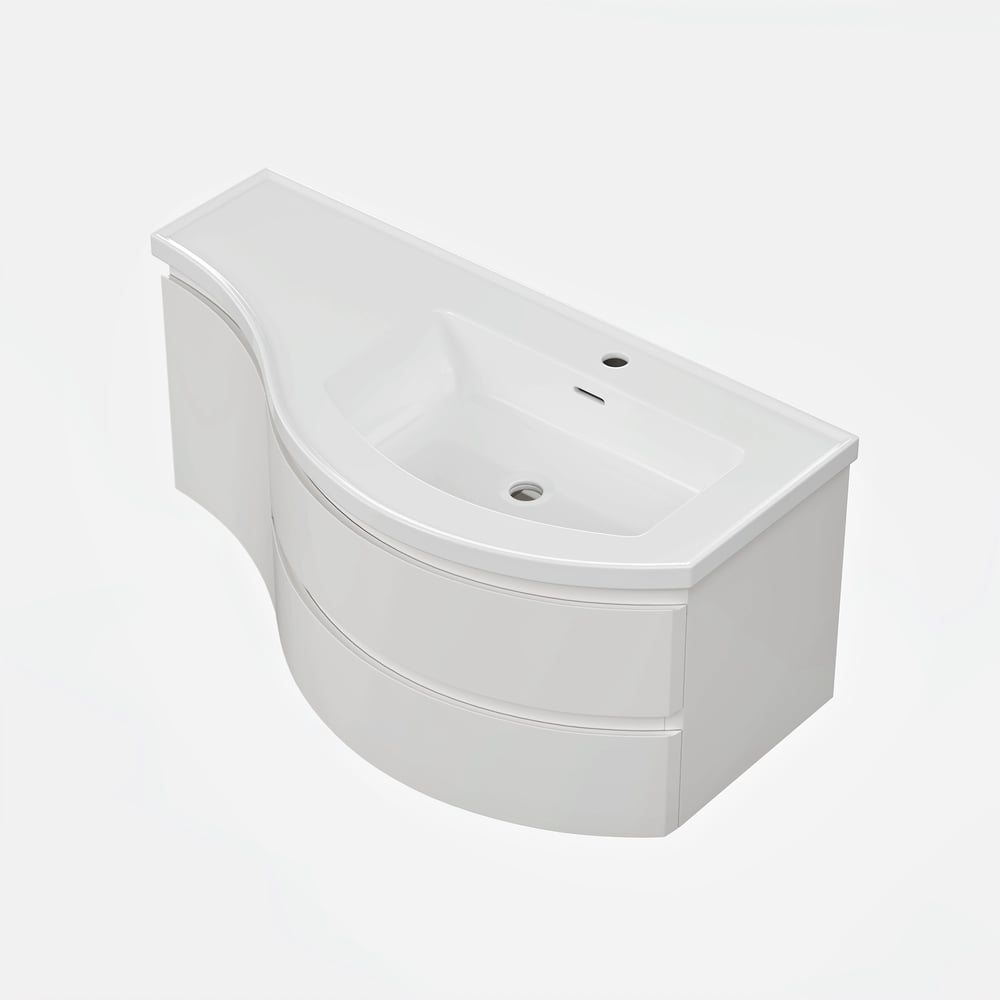 Floating Curved Bathroom Vanity in White & Round LED Medicine Cabinet Set Right Offset