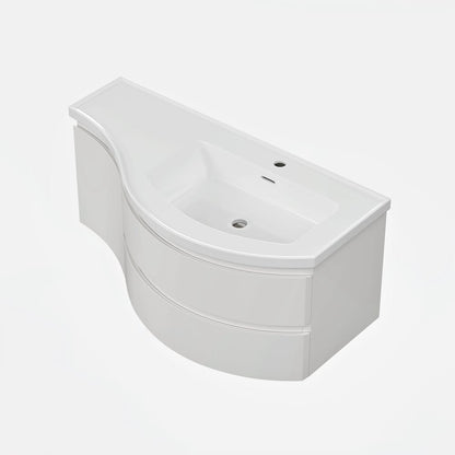 Floating Curved Bathroom Vanity in White & Round LED Medicine Cabinet Set Right Offset