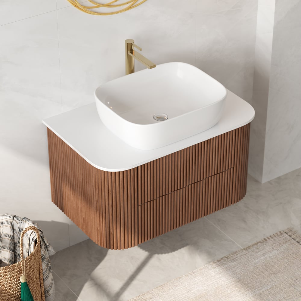 31.5" Fluted Bathroom Vanity Set Walnut Floating Bathroom Vanity with Vessel Sink