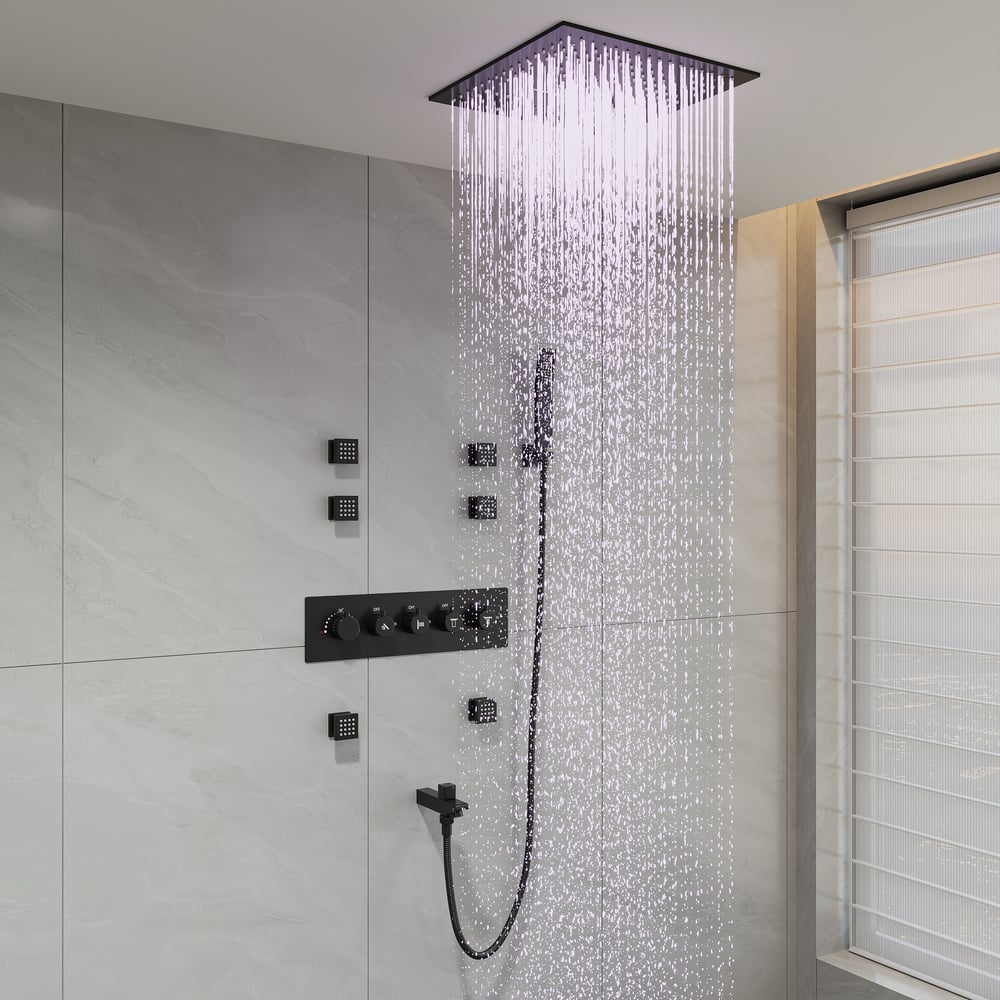 Wall-Mounted 16" Shower System in Black 4 Function Thermostatic