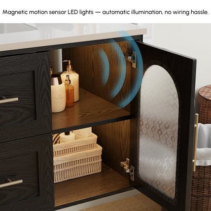 42" Arune Black Bathroom Vanity with Arched Glass Doors, Drawers and Light
