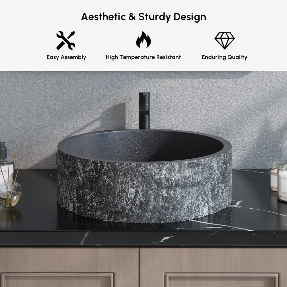 16'' Black Concrete Vessel Sink Modern Stone Textured Round Bathroom Sink