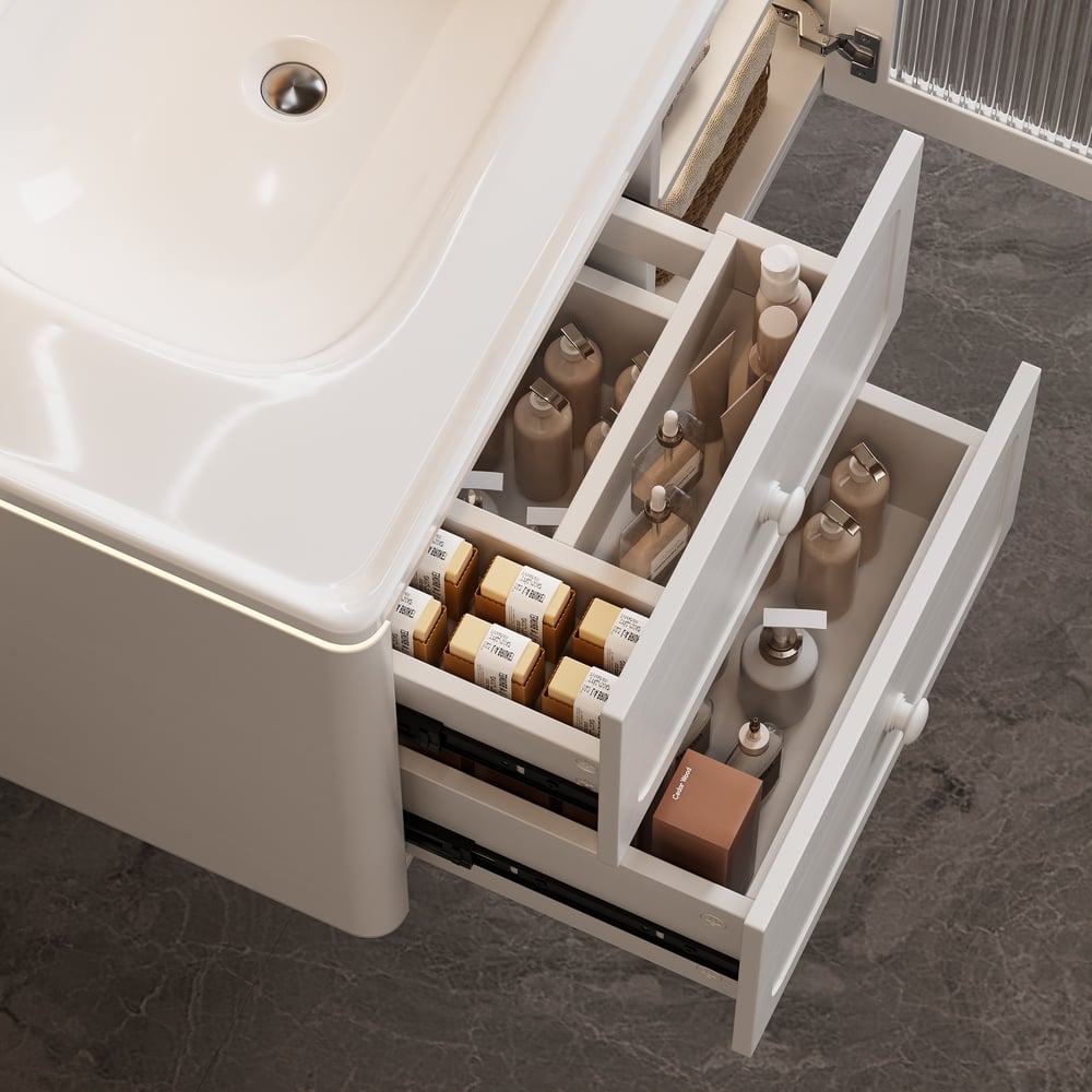 31.5" Modern Floating LED Bathroom Vanity with Ribbed Glass Door & Drawers