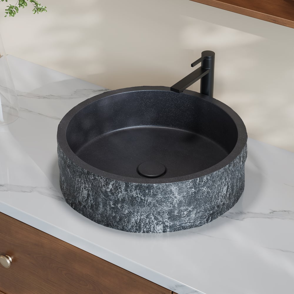 16'' Black Concrete Vessel Sink Modern Stone Textured Round Bathroom Sink