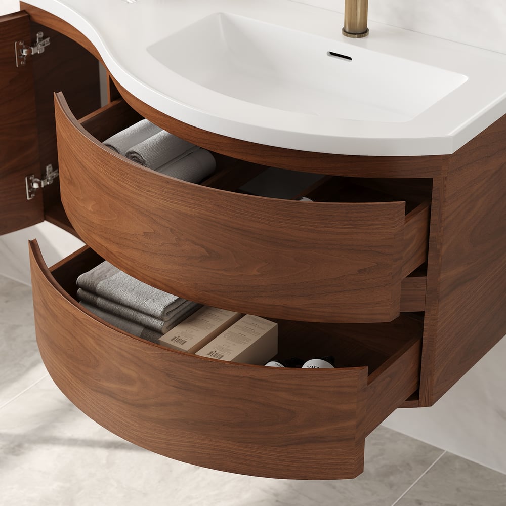 35" Floating Single Curved Bathroom Vanity with Sink & Storage