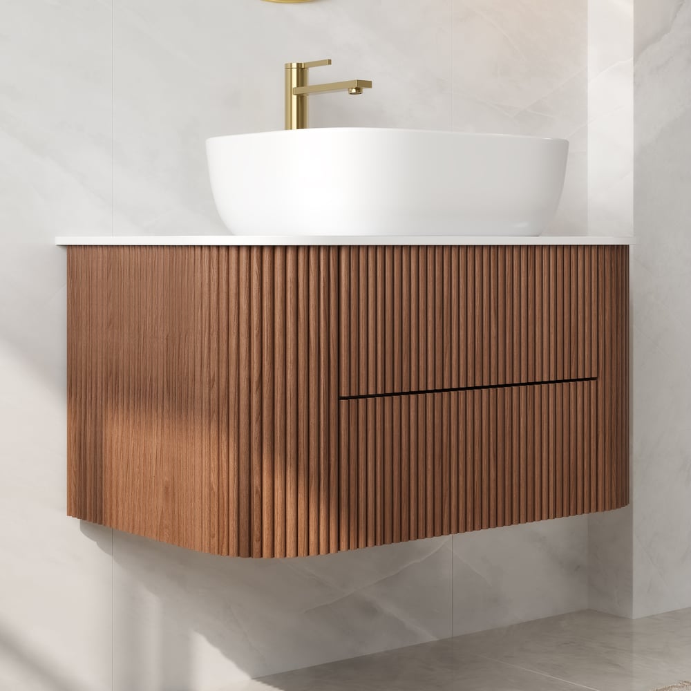 31.5" Fluted Bathroom Vanity Set Walnut Floating Bathroom Vanity with Vessel Sink