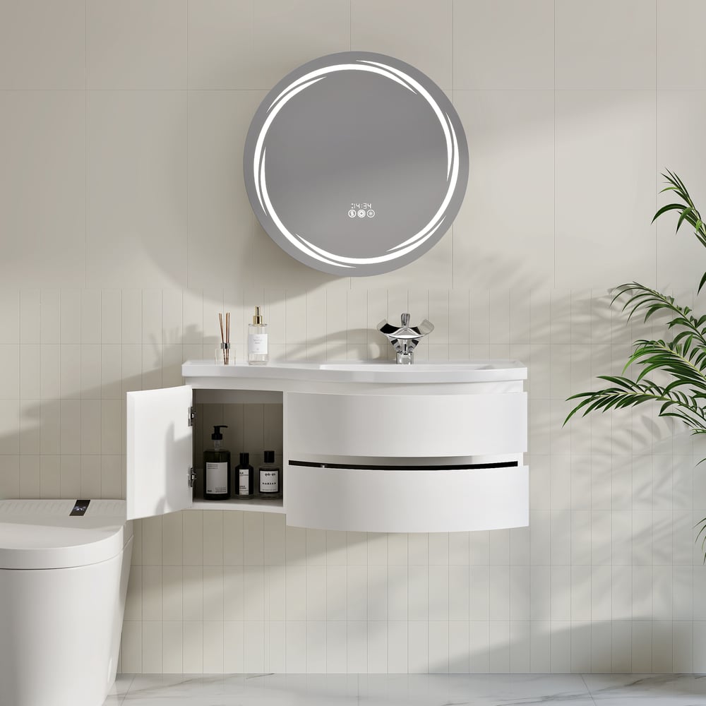 35" Floating Single Curved Bathroom Vanity with Sink & Storage
