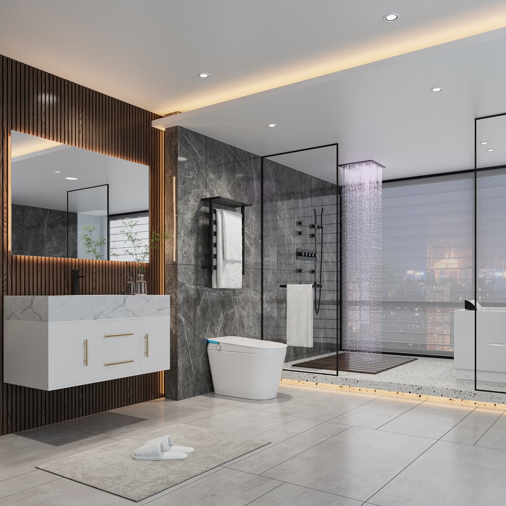 Wall-Mounted 16" Shower System in Black 4 Function Thermostatic