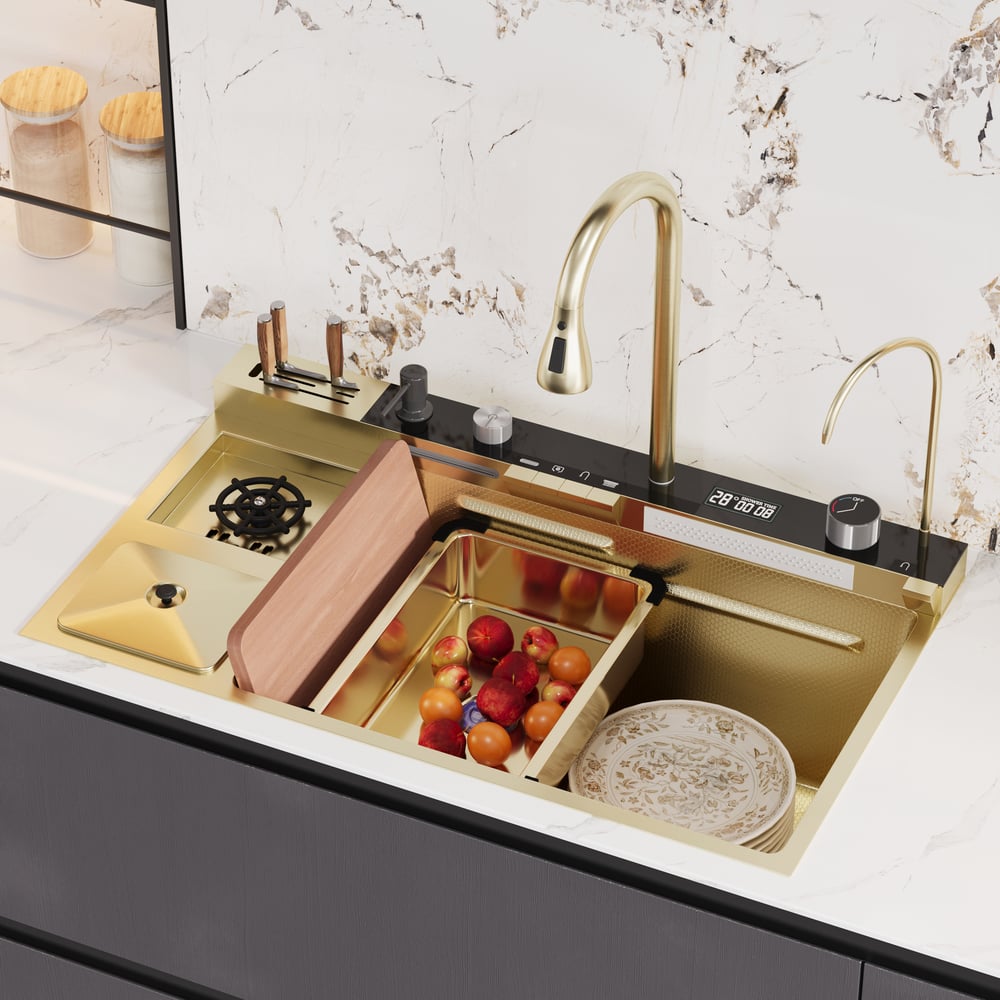 Multi-Function Stainless Steel Kitchen Sink 32.3" × 18.9" with Pull-Out Faucet