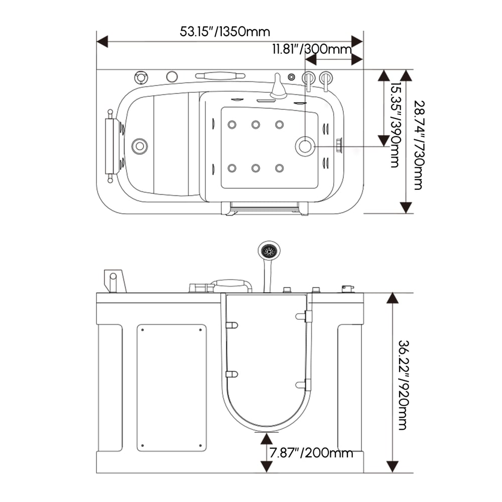 53" Walk In Whirlpool Bathtub with Built-in Seat, Massage Jets,Thermostatic Control
