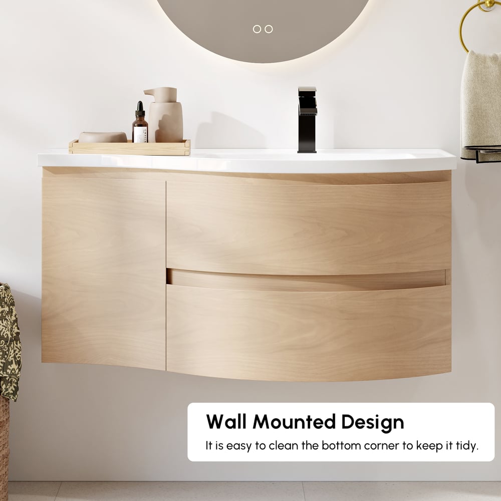 35" Floating Single Curved Bathroom Vanity with Sink & Storage