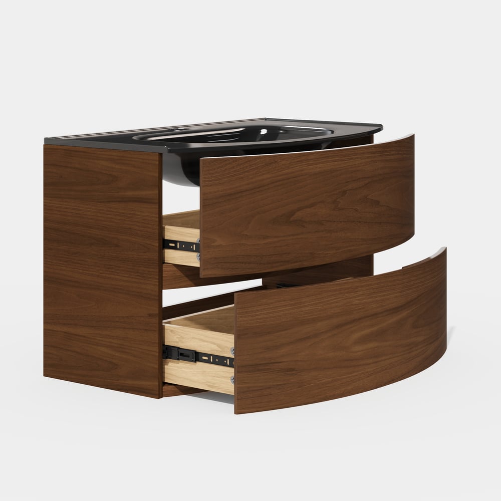 Modern 31.5" Floating Bathroom Vanity with One-piece Glass Basin 2 Drawers in Walnut