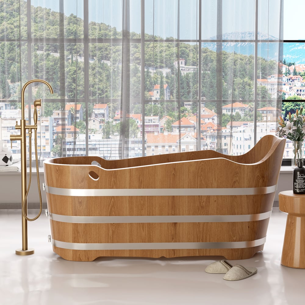 59" Japanese Modern Oval Freestanding Oak Wood Soaking Bathtub Natural