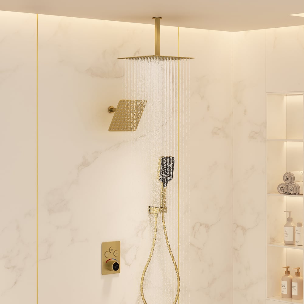 Dual Head Shower System – 12" Ceiling & 8" Wall Shower with Handheld, Solid Brass