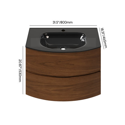 Modern 31.5" Floating Bathroom Vanity with One-piece Glass Basin 2 Drawers in Walnut