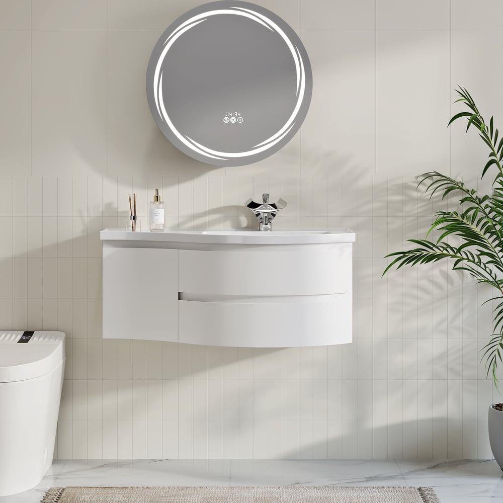 Floating Curved Bathroom Vanity in White & Round LED Medicine Cabinet Set Right Offset