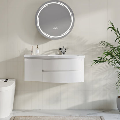 Floating Curved Bathroom Vanity in White & Round LED Medicine Cabinet Set Right Offset