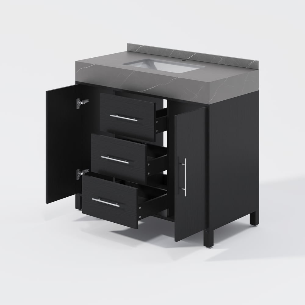 39.4" Freestanding Black Bathroom Vanity, Sintered Stone Countertop & Silver Handles