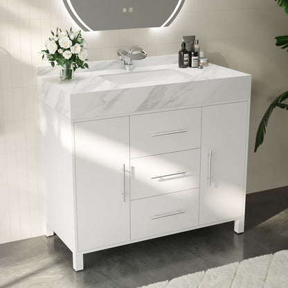 39.4" Freestanding White Bathroom Vanity, Sintered Stone Countertop & Silver Handles