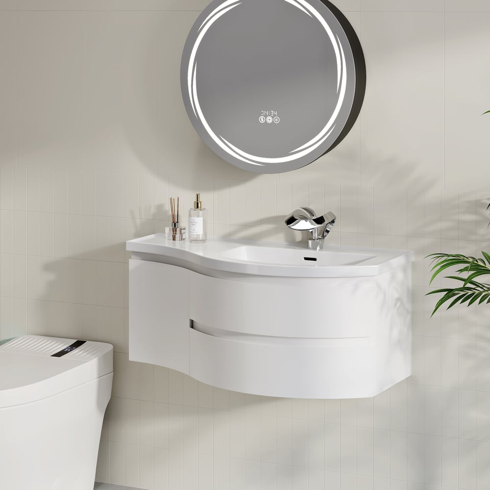 35" Floating Single Curved Bathroom Vanity with Sink & Storage