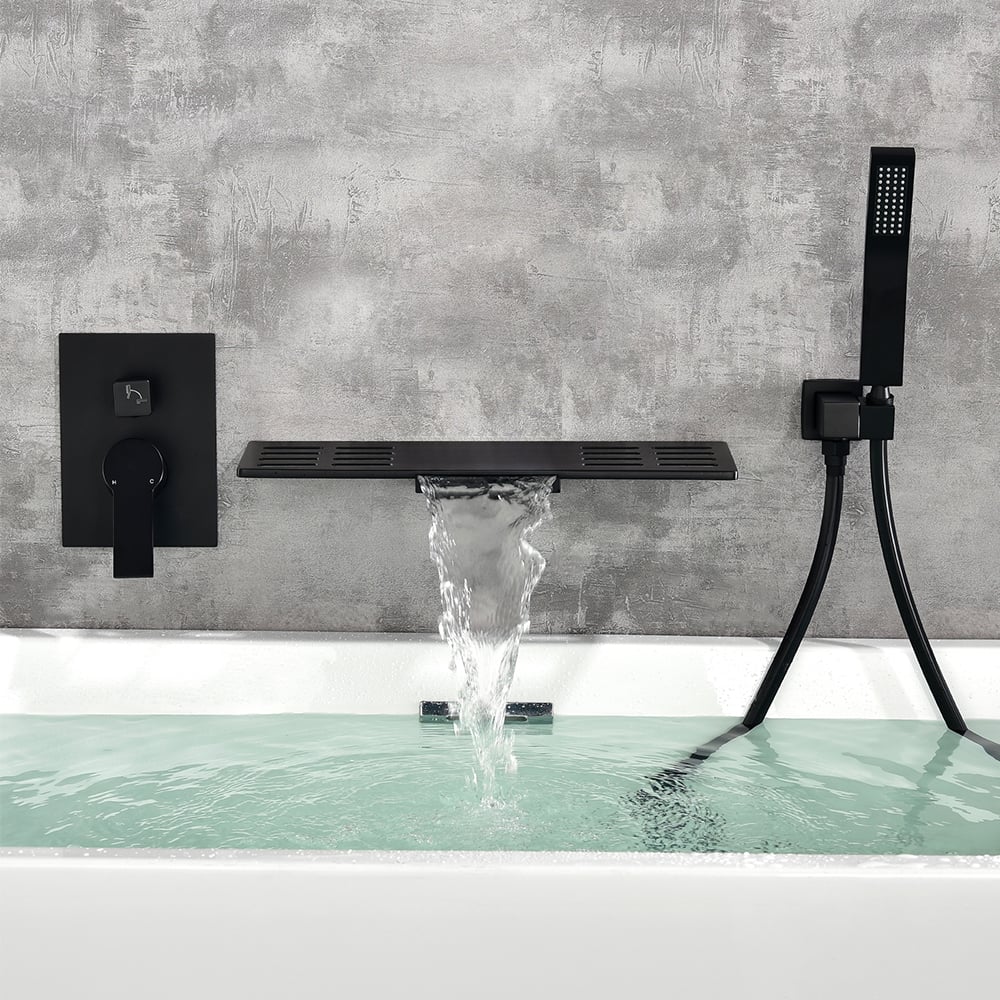 Modern Waterfall Wall Mounted Single Handle Bathtub Faucet With Handshower in Black