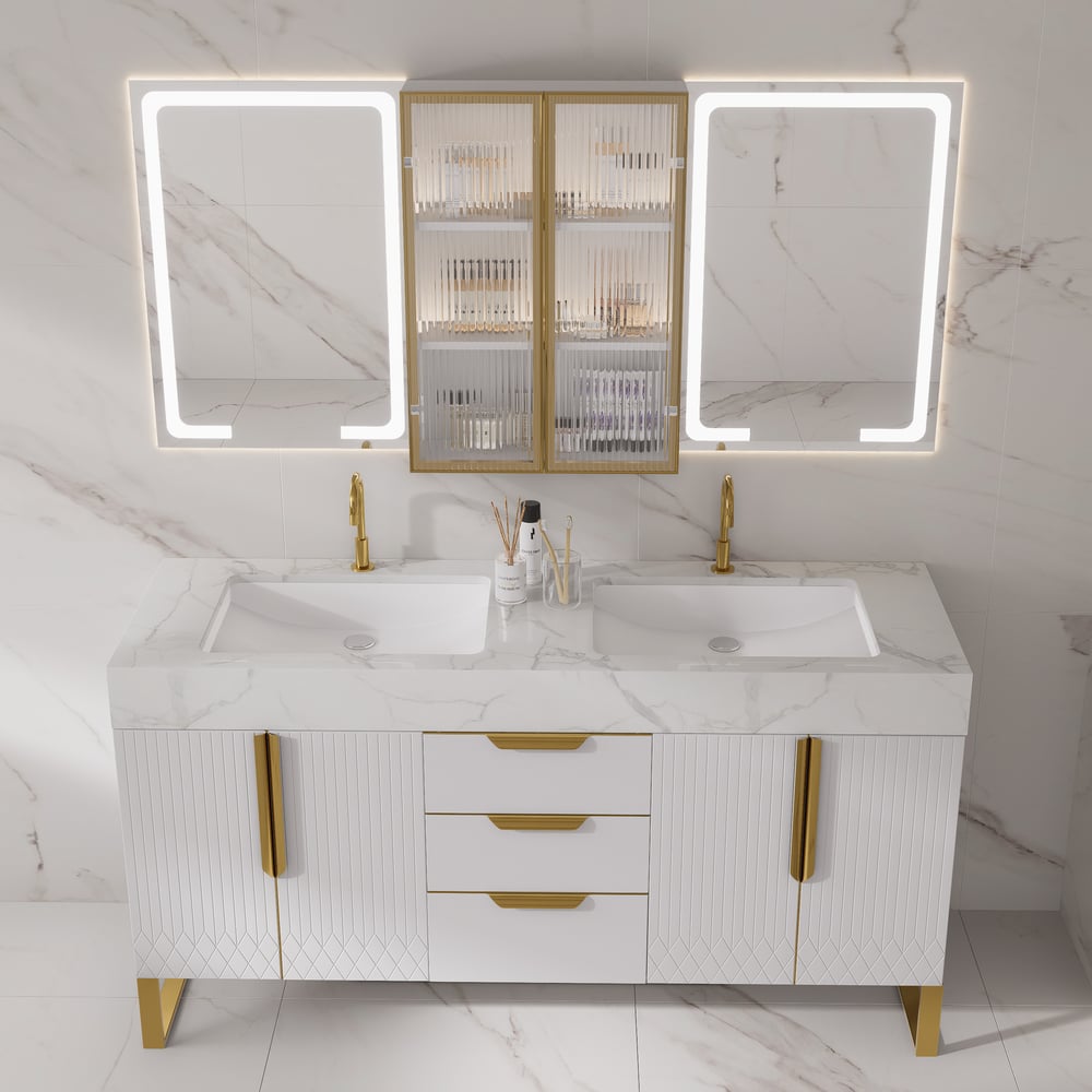 59" Double Sink Freestanding Vanity Set with LED Medicine Cabinet with Storage