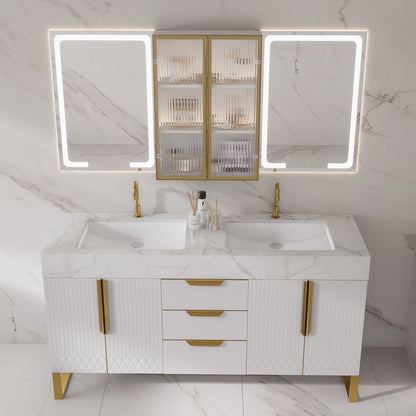 59" Double Sink Freestanding Vanity Set with LED Medicine Cabinet with Storage