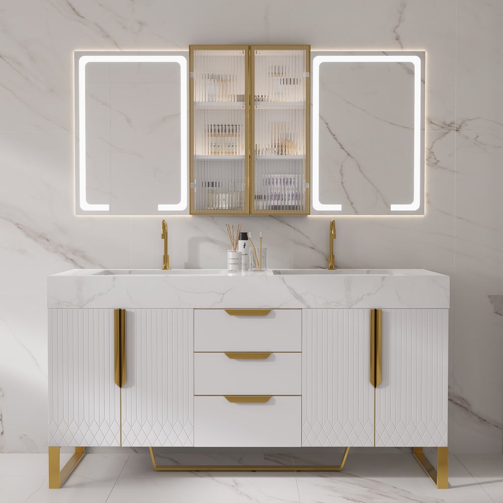59" Double Sink Freestanding Vanity Set with LED Medicine Cabinet with Storage