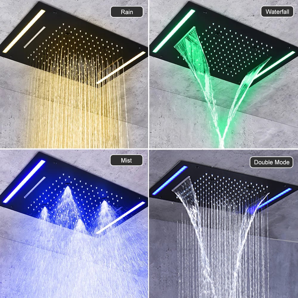 20" Ceiling Mounted Thermostatic Rainfall Shower System 4 Functions LED Light in Black