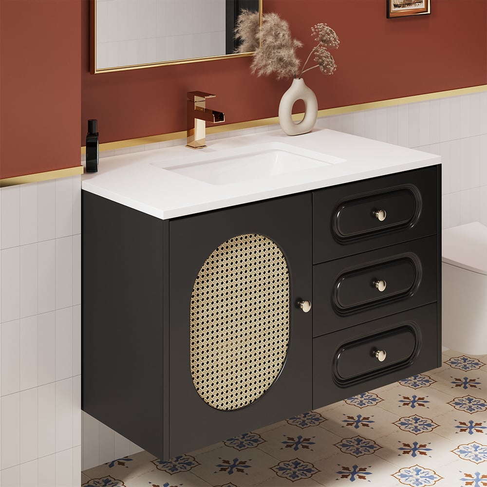 31" Black Floating Bathroom Vanity Set Undermount Ceramic Sink with Rattan Door Cabinet