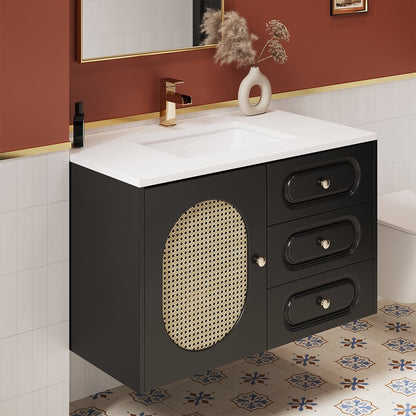 31" Black Floating Bathroom Vanity Set Undermount Ceramic Sink with Rattan Door Cabinet