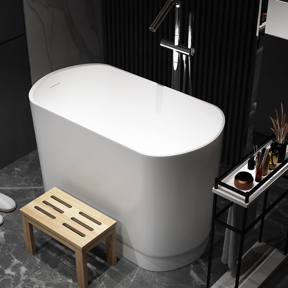 40" Japanese Modern Deep Oval Freestanding Stone Resin Soaking Bathtub White