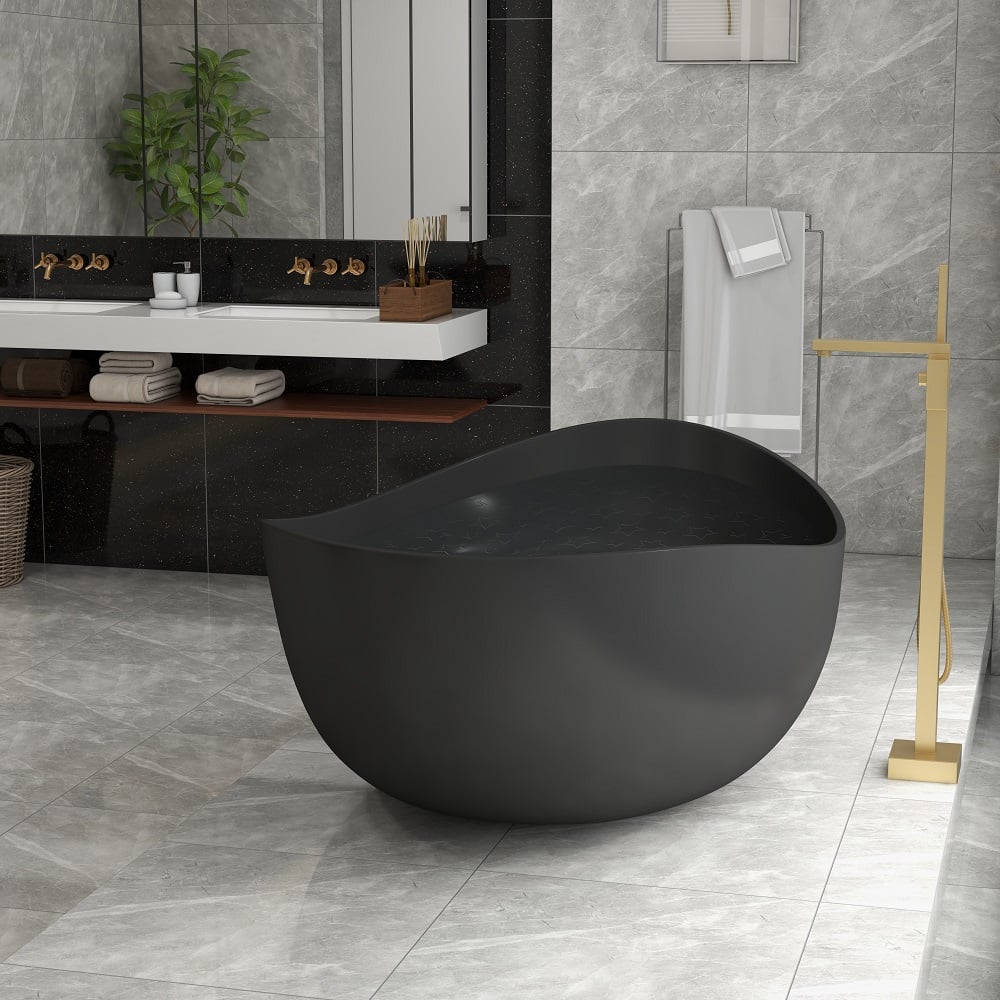 70" Modern Oval Freestanding Stone Resin Soaking Bathtub Black