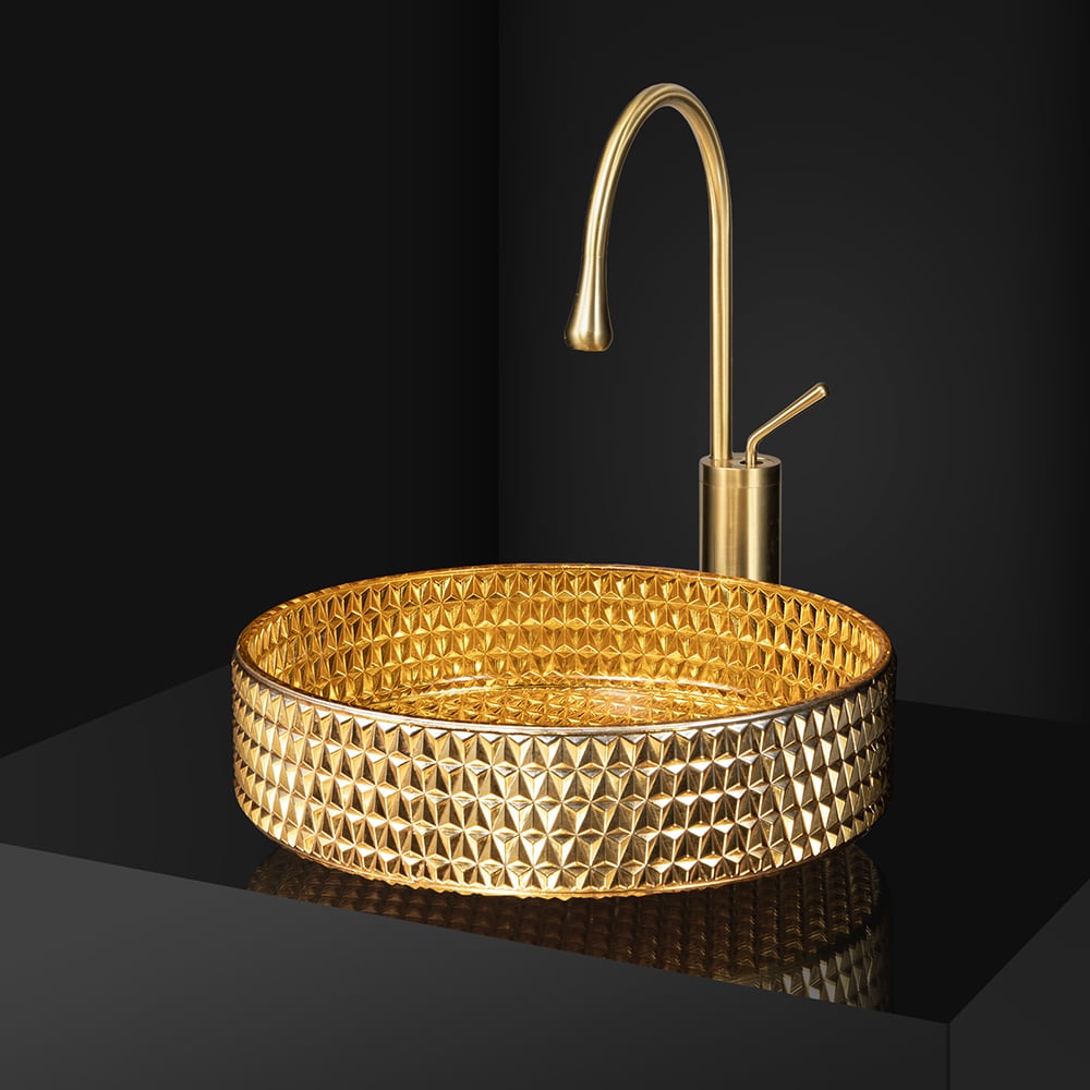 15" Modern Luxury Diamond Shaped Crystal Glass Bathroom Vessel Sink in Gold