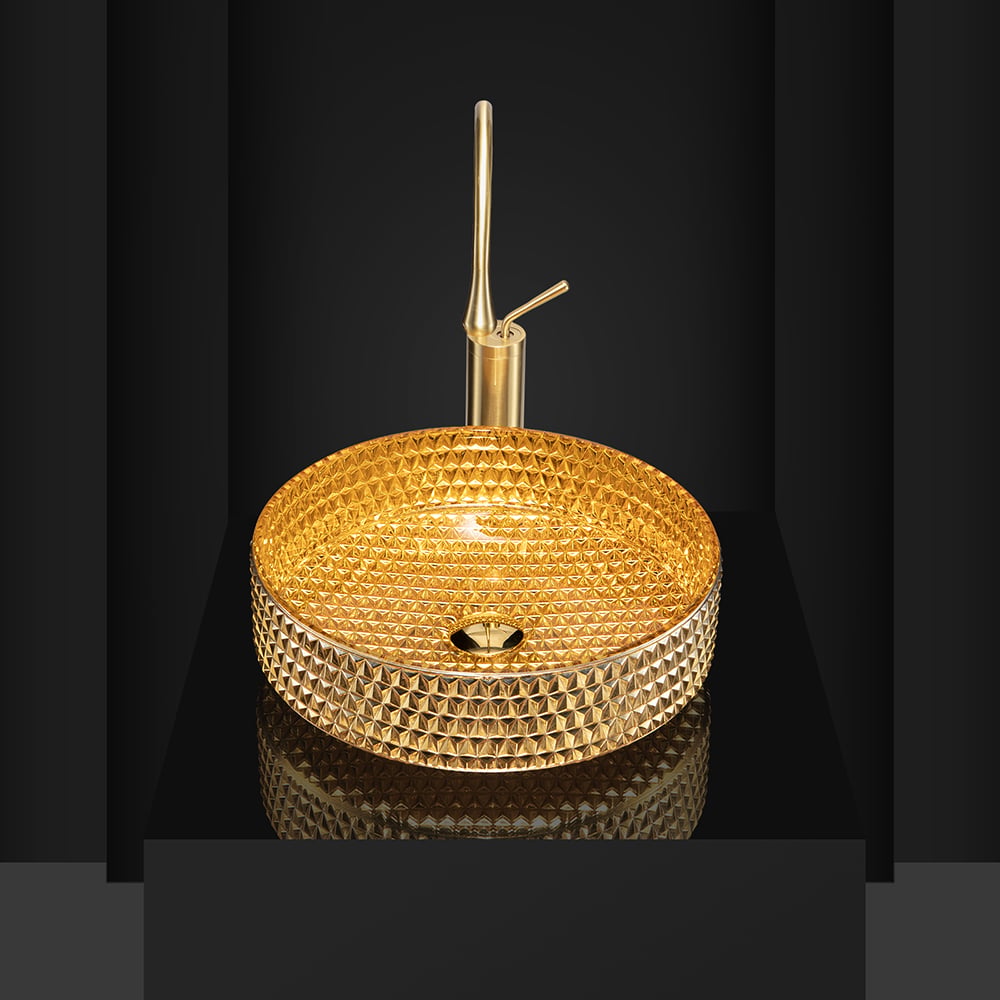 15" Modern Luxury Diamond Shaped Crystal Glass Bathroom Vessel Sink in Gold