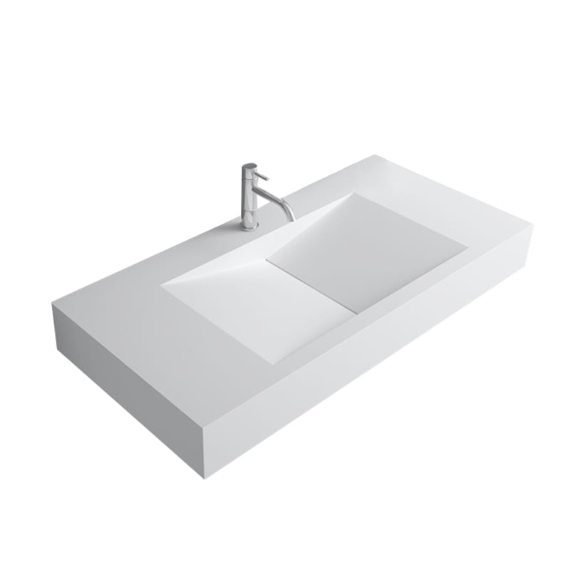 Glossy White Wall-Mount Floating Sink Solid Surface Stone Resin Bathroom V-Shaped Sink