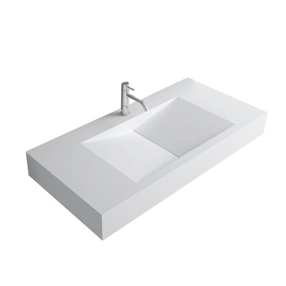 Glossy White Wall-Mount Floating Sink Solid Surface Stone Resin Bathroom V-Shaped Sink