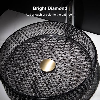 15" Vessel Transparent Diamond Shaped Crystal Glass Bathroom Wash Sink in Black
