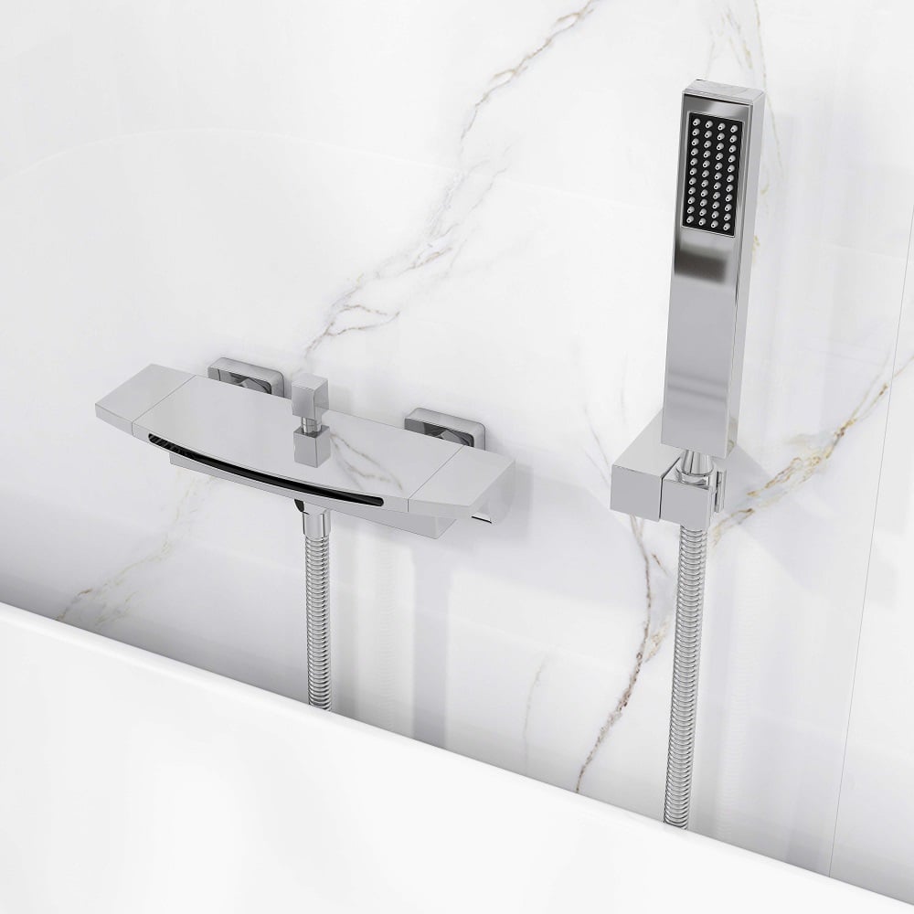 Contemporary Wall Mount Waterfall 2-Handle Chrome Bathtub Filler Faucet with Hand Shower