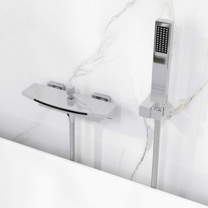 Contemporary Wall Mount Waterfall 2-Handle Chrome Bathtub Filler Faucet with Hand Shower