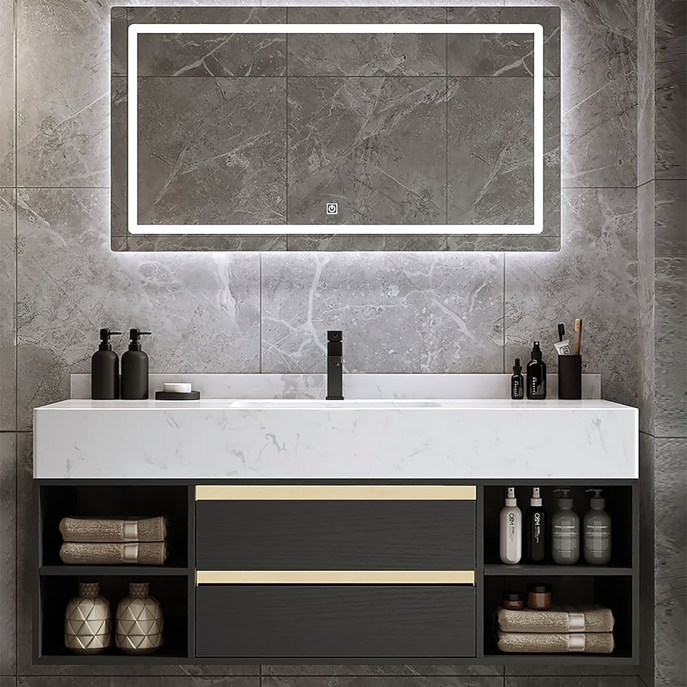 Modern 39.4" Floating Single Bathroom Vanity with Sink in Black, Sintered Stone Top