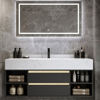 Modern 39.4" Floating Single Bathroom Vanity with Sink in Black, Sintered Stone Top