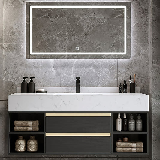 Modern 39.4" Floating Single Bathroom Vanity with Sink in Black, Sintered Stone Top