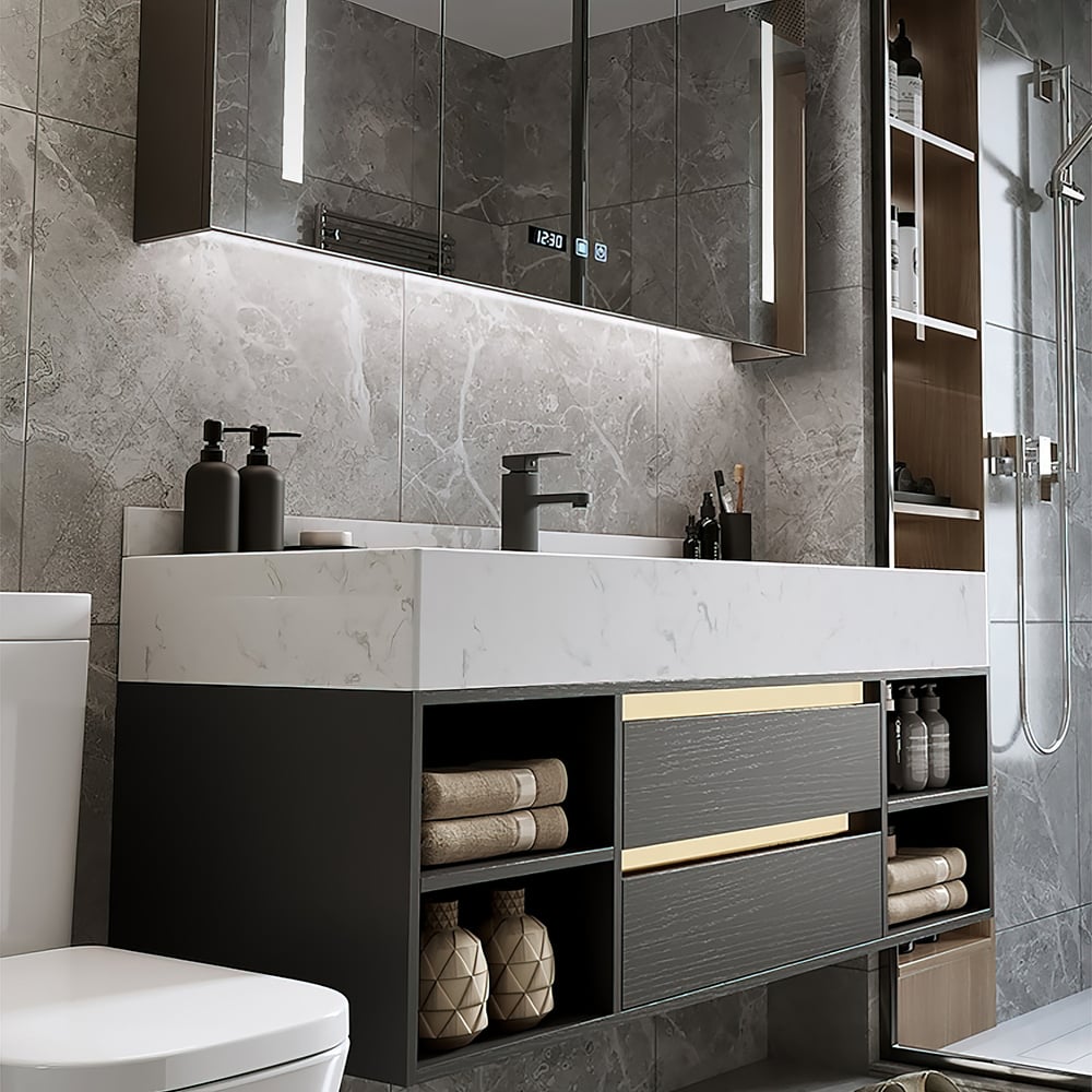 Modern 39.4" Floating Single Bathroom Vanity with Sink in Black, Sintered Stone Top