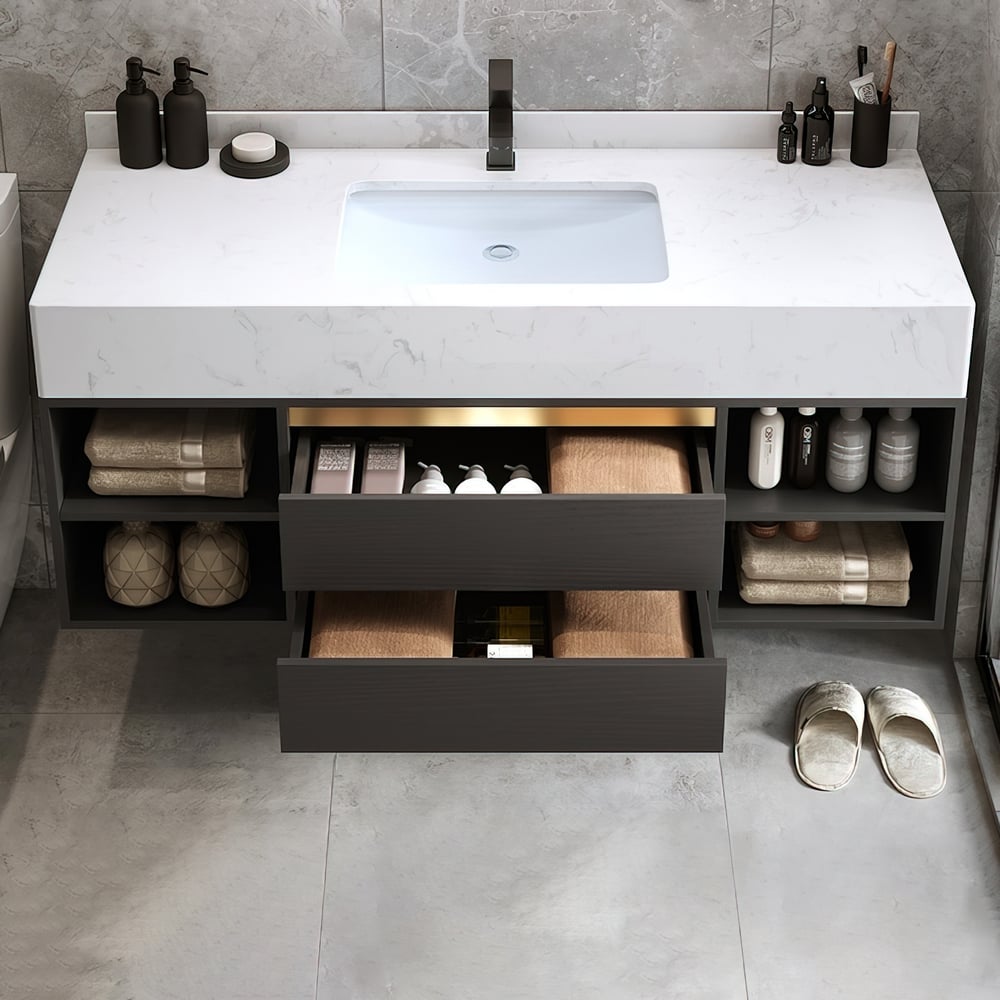 Modern 39.4" Floating Single Bathroom Vanity with Sink in Black, Sintered Stone Top