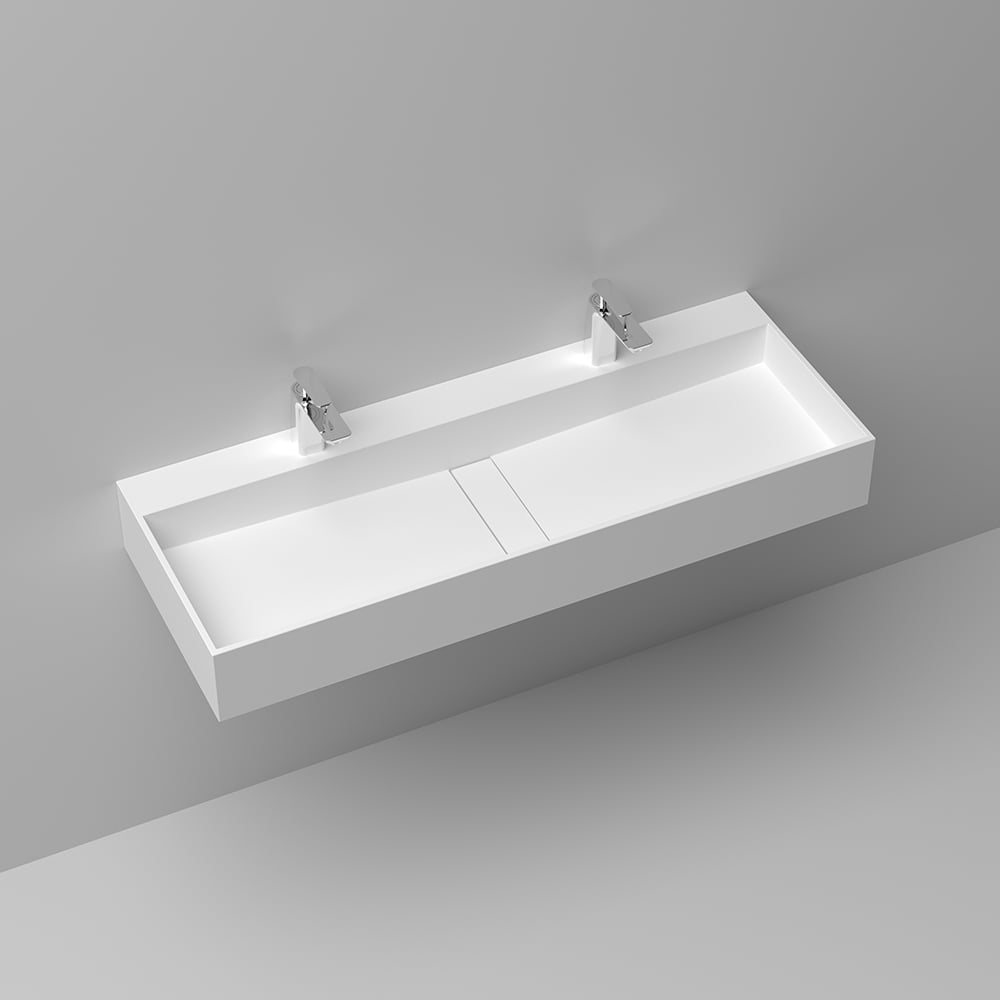 47 Inch Wall-Mount Double Sink Stone Resin Matte White Floating Trough Bathroom Sink