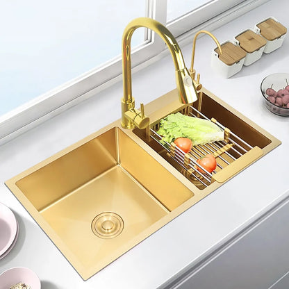 32" Gold Stainless Steel Kitchen Sink Double Bowls Drop-In Sink with Drain and Overflow