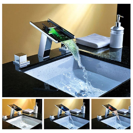 Modern 1-Hole Waterfall Bathroom Sink Faucet in Chrome Brass with LED Light