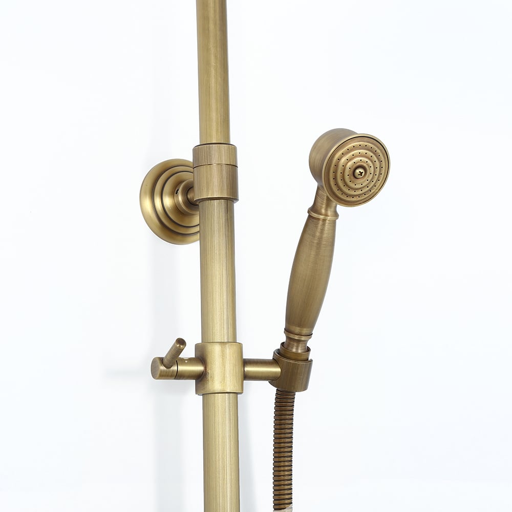 Antique Brass Exposed Wall Mount Shower System with 8" Rain Shower Head and Hand Shower