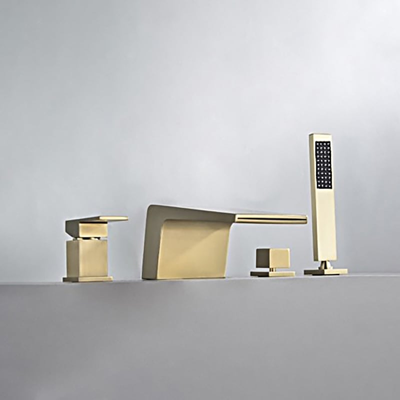 Waterfall Deck-Mount Roman Tub Faucet with Handshower in Brushed Gold